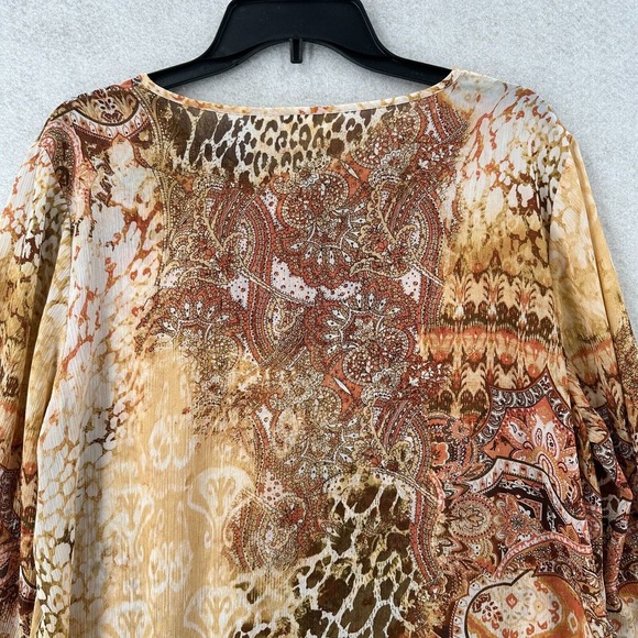 Chicos Tunic Top Women XL Asymmetrical Hem 3/4 Sleeve Leopard Roll‎ Tab Chiffon - Picture 8 of 16